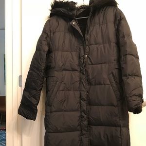 Long black down coat with hood